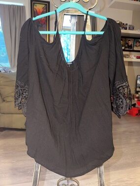 Ambiance Black Crochet Sleeve Peasant Blouse